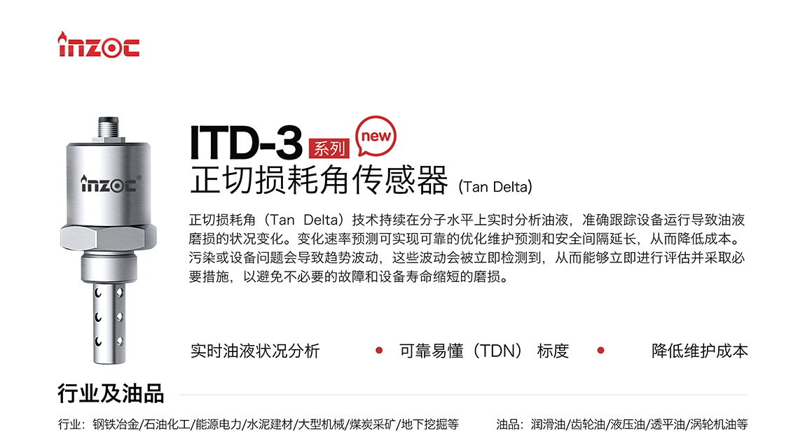 ITD-3系列油液正切損耗角(Tan Delta)傳感器技術持續在分子水平上實時分析油液，準確跟蹤設備運行導致油液磨損的狀況變化。變化速率預測可實現可靠的優化維護預測和安全間隔延長，從而降低成本。污染或設備問題會導致趨勢波動，這些波動會被立即檢測到，從而能夠立即進行評估并采取必要措施，以避免不必要的故障和設備壽命縮短的磨損。應用行業:鋼鐵冶金/石油化工/能源電力/水泥建材/大型機械/煤炭采礦/地下挖掘等;檢測油品:潤滑油/齒輪油/液壓油/透平油/渦輪機油等